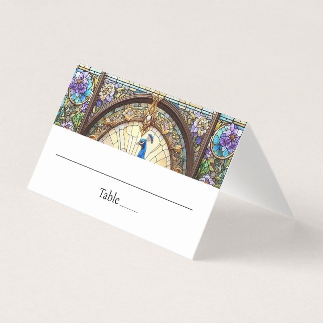 Pfauenfedertisch geklappte Platzkarte (Vorderseite)