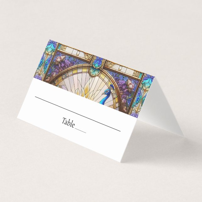 Pfauenfedertisch geklappte Platzkarte (Vorderseite)