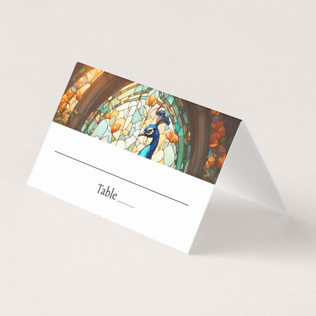 Pfauenfedertisch geklappte Platzkarte (Vorderseite)