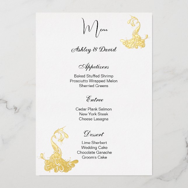 Pfauenfoil Wedding Menu Card Folieneinladung (Vorderseite)
