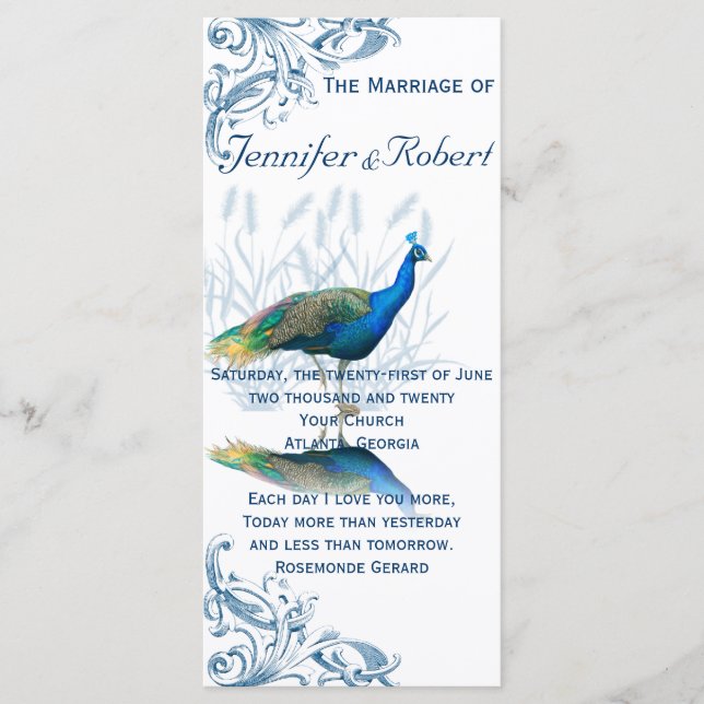 Pfauengarten in Blau-Weiß-Hochzeitsprogramm Programm (Vorderseite)
