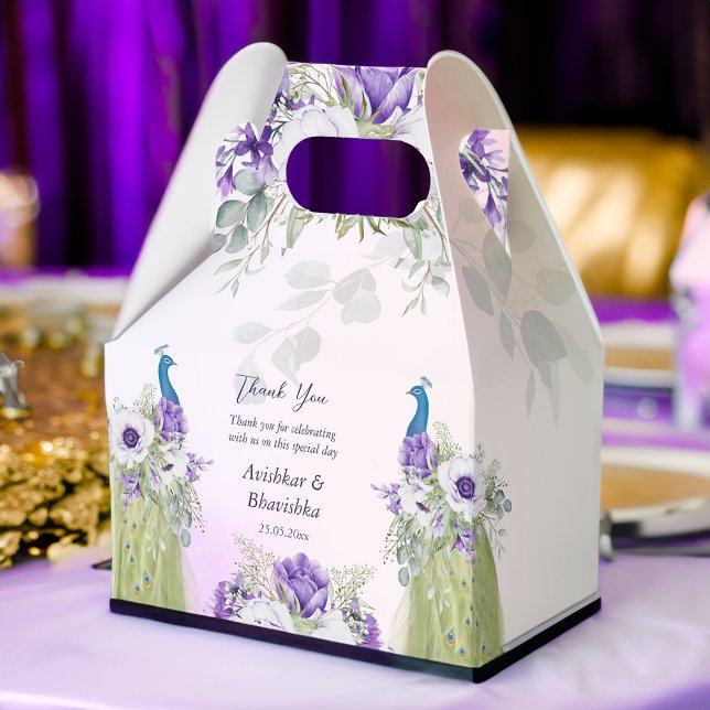 Pfauengeschenk für Purpur-Gastgeschenk Hochzeit Geschenkschachtel (Purple flowers peacocks  wedding favor gifts personalized printed  favor box template)