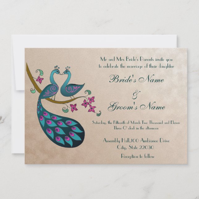 Pfauenhochzeit Einladung (Vorderseite)