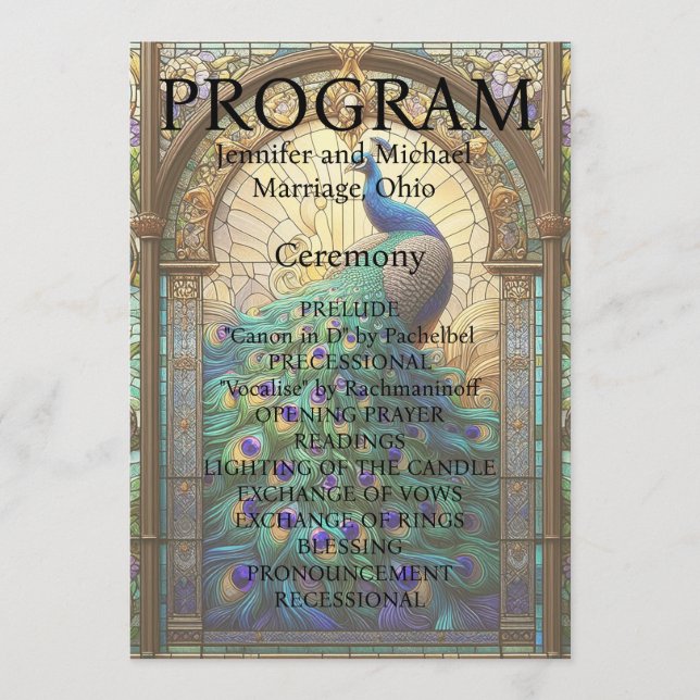 Pfauenhochzeitkarte für festgehaltenes Glas Programm (Vorderseite)