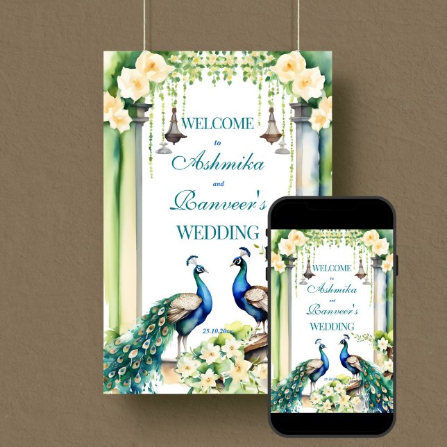 Pfauenjasmin Indisches Begrüßungszeichen Poster (Peacock jasmine Indian wedding welcome sign editable template digital download gajra garlands arch)
