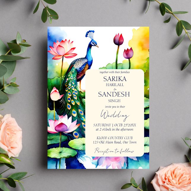 Pfauenlotus-Blume Hochzeitsplanung Einladung (Peacock lotus flowers wedding editable template invitation instant digital download watercolor pond)