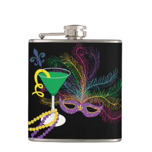 Pfauenmaske und Martini Mardi Gras Flachmann