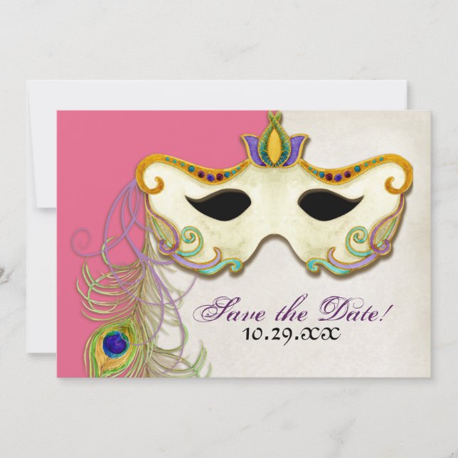 Pfauenmasquerade Maskenball - Save the Date Karte (Vorderseite)