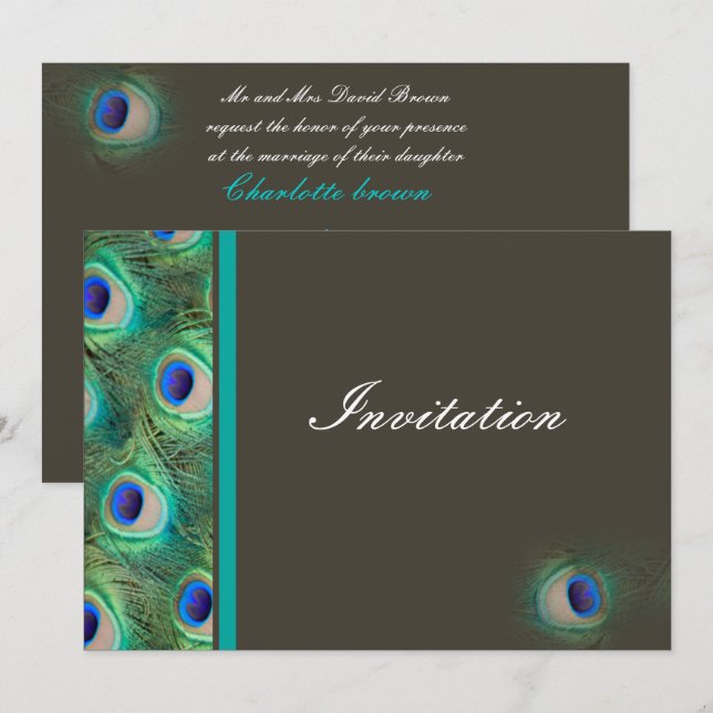 Pfauenmocha Blauer Hochzeitsempfang Einladung (Vorne/Hinten)