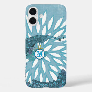 Pfauenmonogramm Moderne Blume Aquamarin iPhone 16 Plus Hülle