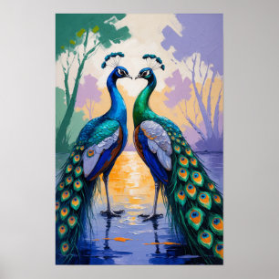 Pfauenpaar-Reflexion im Wasser Elegante Vogelkunst Poster