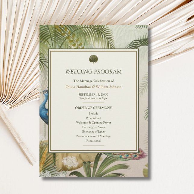 Pfauenpalmen-Hochzeitsprogramm Programm (Peacock Palm wedding program with personalized ceremony order, couple’s names and wedding date)