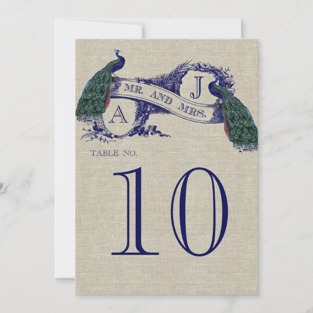 Pfauenrustikale Hochzeitkarte Tischnummer (Vorderseite)