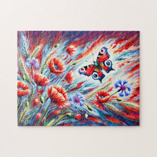 Pfauenschmetterling mit Poppies und Cornblumen in Puzzle