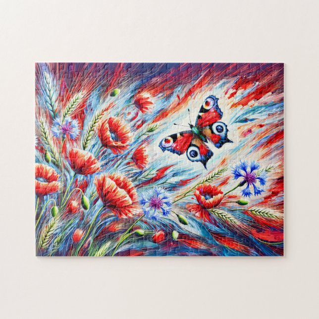 Pfauenschmetterling mit Poppies und Cornblumen in Puzzle (Horizontal)
