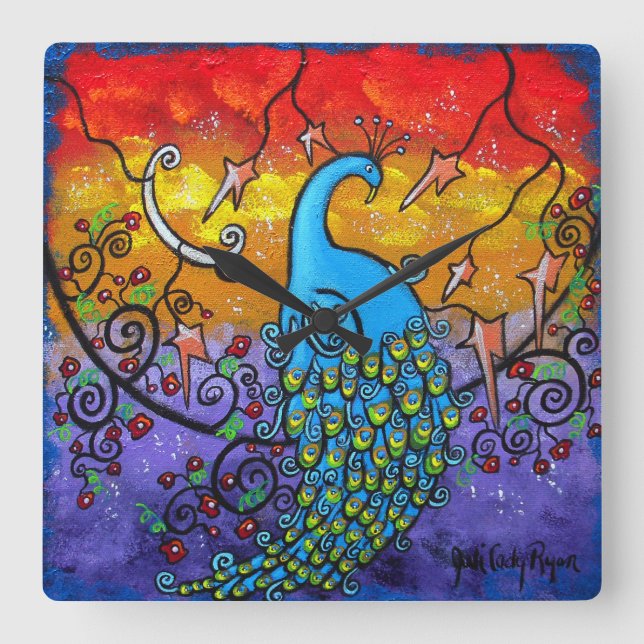 Pfauensperre der Verzauberung Quadratische Wanduhr (Vorderseite)