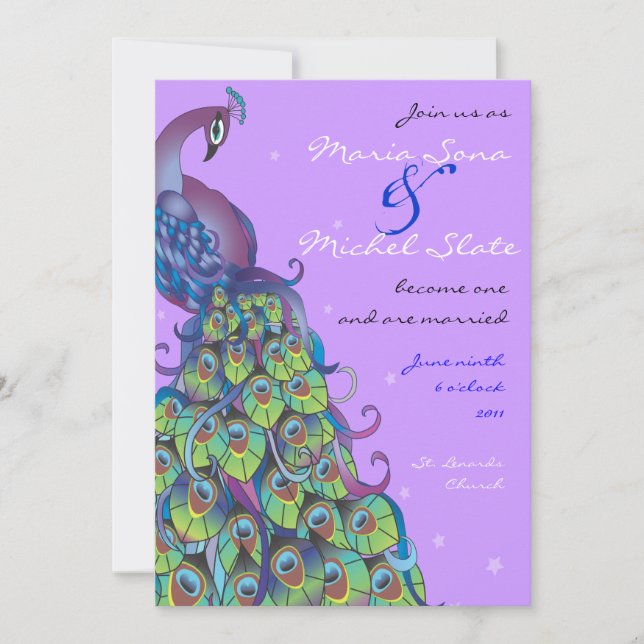 Pfauenthema Hochzeit Einladung Lila (Vorderseite)