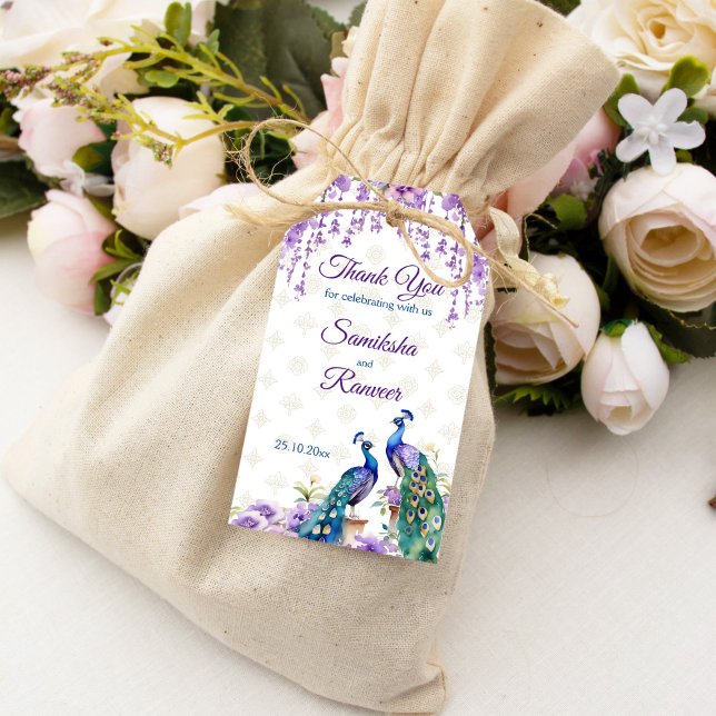 Pfauenviolett-Blüten Mehndi Indische Gastgeschenk  Geschenkanhänger (Peacock purple flowers Mehndi Indian wedding favor Gift Tags watercolor peacocks wisteria flowers)