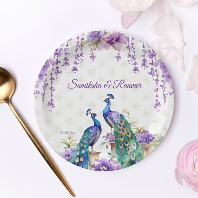Pfauenviolette Blumen Indisches Hochzeitsgeschirr Pappteller (Peacock purple flowers Indian wedding tableware personalized template Paper Plates)