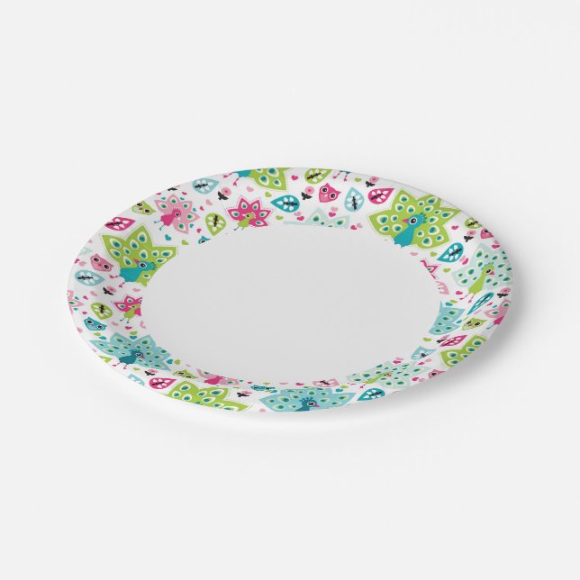 Pfauenvogel und Eule Pappteller (Schrägansicht)