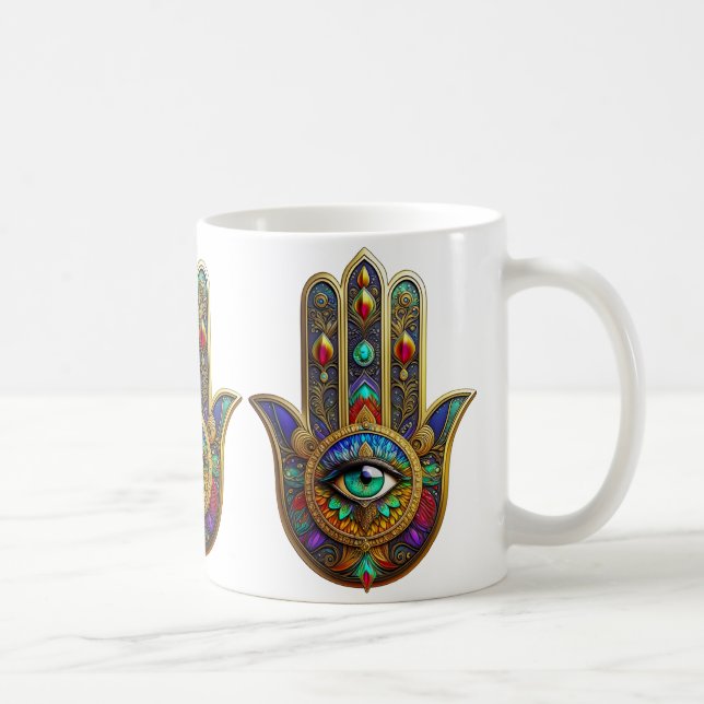 Pfaufarben-Blütenblätter Hamsa Grünes Drittes Auge Kaffeetasse (Rechts)