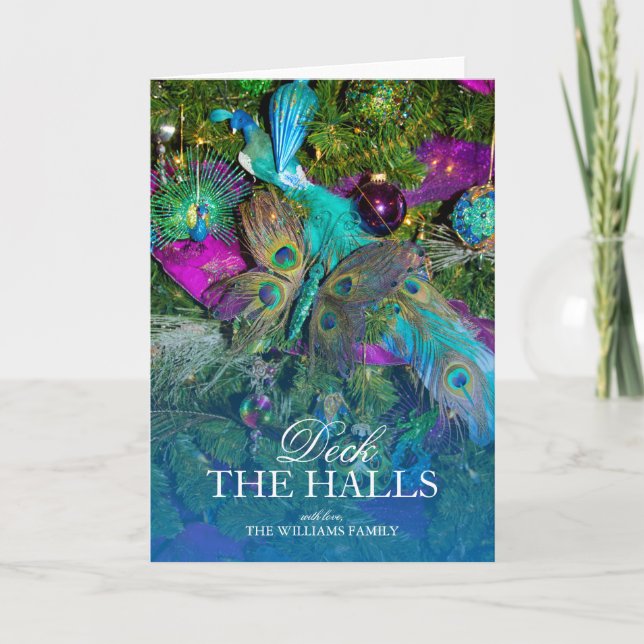 Pfaufeder und farbige Baumdekorationen Feiertagskarte (Vorderseite)
