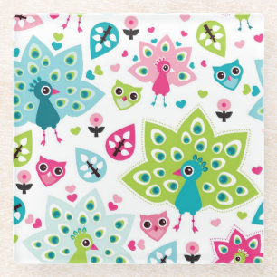 Pfauvogel und -eule glasuntersetzer