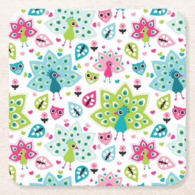 Pfauvogel und -eule rechteckiger pappuntersetzer (Vorderseite)