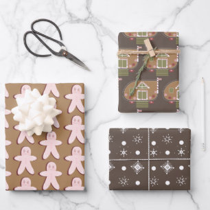 Pfefferhäuschen Weihnachten Schneeflocken Braun Geschenkpapier Set