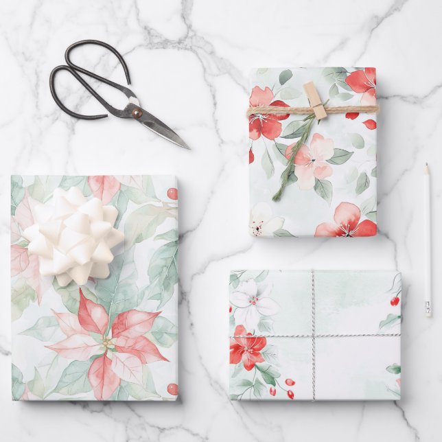 Pfefferminz Grün Rot Floral Geburtstag Geschenkpapier Set (Vorderseite)