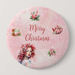 Pfefferminz-Weihnachts-Teeparty Rosa Schneeblume Button