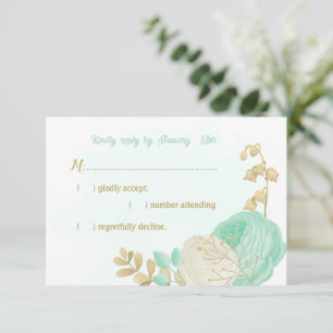 Pfefferminzgrün, weiße Blume Goldblütenhochzeit RSVP Karte