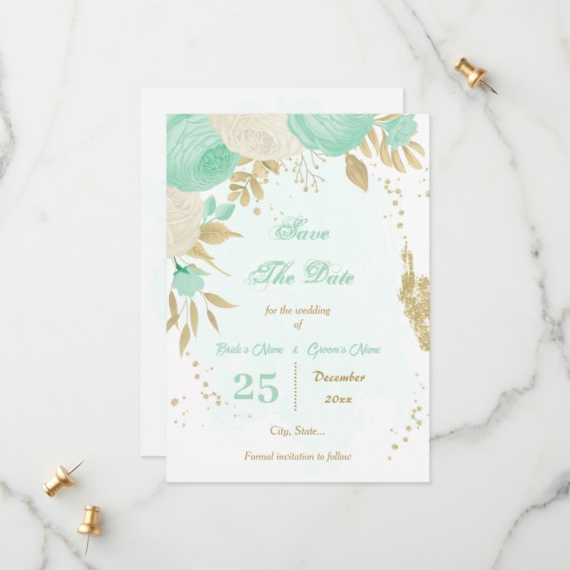 Pfefferminzgrün, weiße Blume, goldfarben Save The Date (Vorderseite/Rückseite Beispiel)