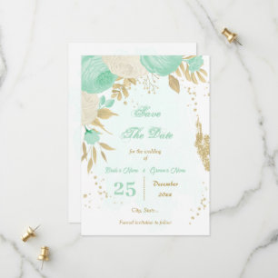 Pfefferminzgrün, weiße Blume, goldfarben Save The Date