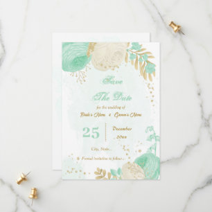 Pfefferminzgrün, weiße Blume, goldfarben Save The Date