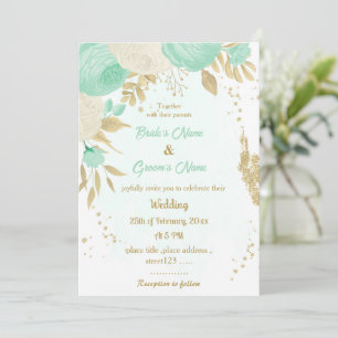 Pfefferminzgrün & weiße Blume Hochzeit mit Blumen Einladung