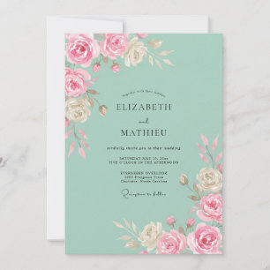 Pfefferminzgrüne malerische Rosenhochzeit Einladung
