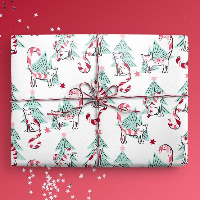 Pfefferminzkatzen und Weihnachtsbäume Geschenkpapier (Peppermint Candy Cats and Christmas Trees Gift Mockup)