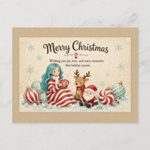 Pfefferminzmädchen mit Weihnachtsmann und Rentier Postkarte