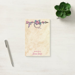 Pfeil mit Feathers und Blume Postit Notes Post-it Klebezettel