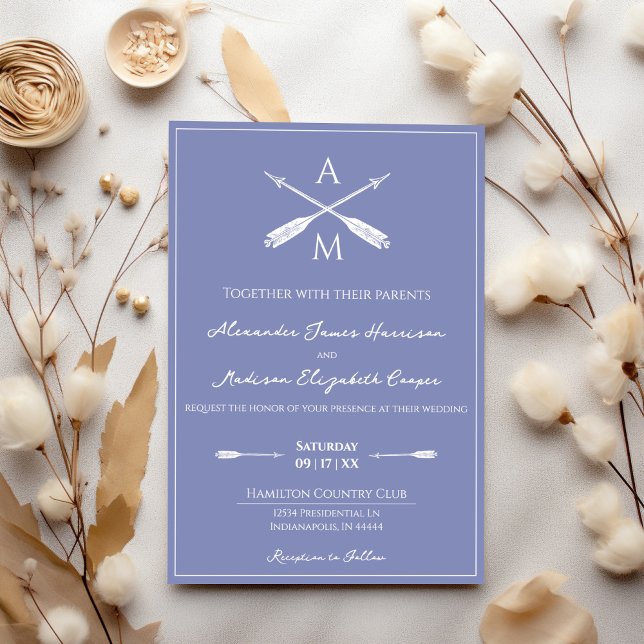 Pfeile und Monogramme Hochzeiten | Periwinkle Einladung (Periwinkle Arrows and Monograms Wedding Invitation)