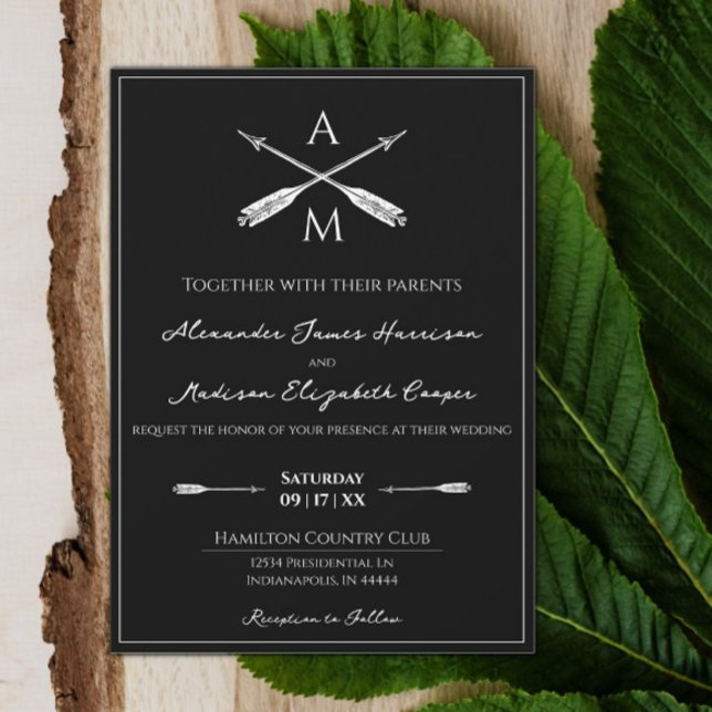 Pfeile und Monogramme Hochzeiten | Schwarze Einlad Einladung (Black Arrows and Monograms Wedding Invitation)