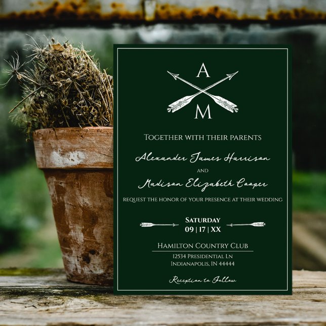 Pfeile und Monogramme Hochzeiten | Smarald Green Einladung (Emerald Green Arrows and Monograms Wedding Invitation)