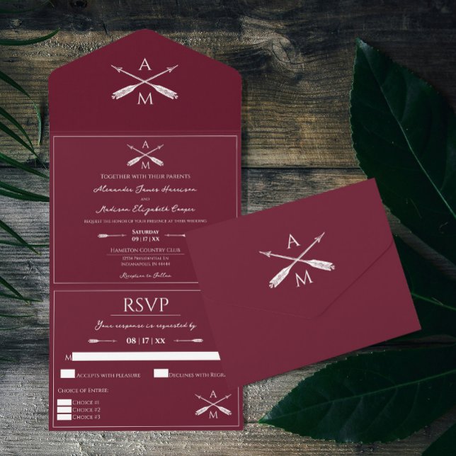 Pfeile und Monogramme Hochzeiten | Wine Red All In One Einladung (Wine Red Arrows and Monograms Wedding All in One Invite)