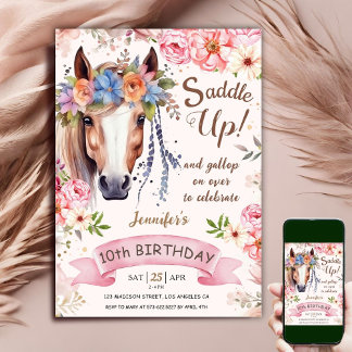 Pferd 10. Geburtstag Girl Boho Blume satteln Einladung