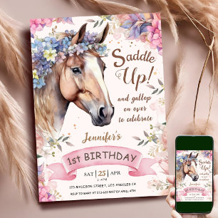 Pferd 1. Geburtstag CowGirl Blumen Sattel hoch! Einladung