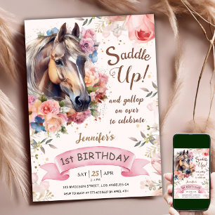 Pferd 1. Geburtstag CowGirl Pink Sattel Auf! Einladung