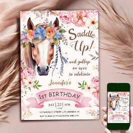 Pferd 1. Geburtstag Mädchen Pink Floral Cowgirl Einladung