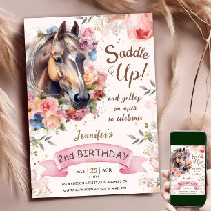 Pferd 2. Geburtstag Rosa Blumen Mädchen Sattel Auf Einladung