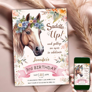 Pferd 3. Geburtstag CowGirl Floral Sattel Auf Einl Einladung